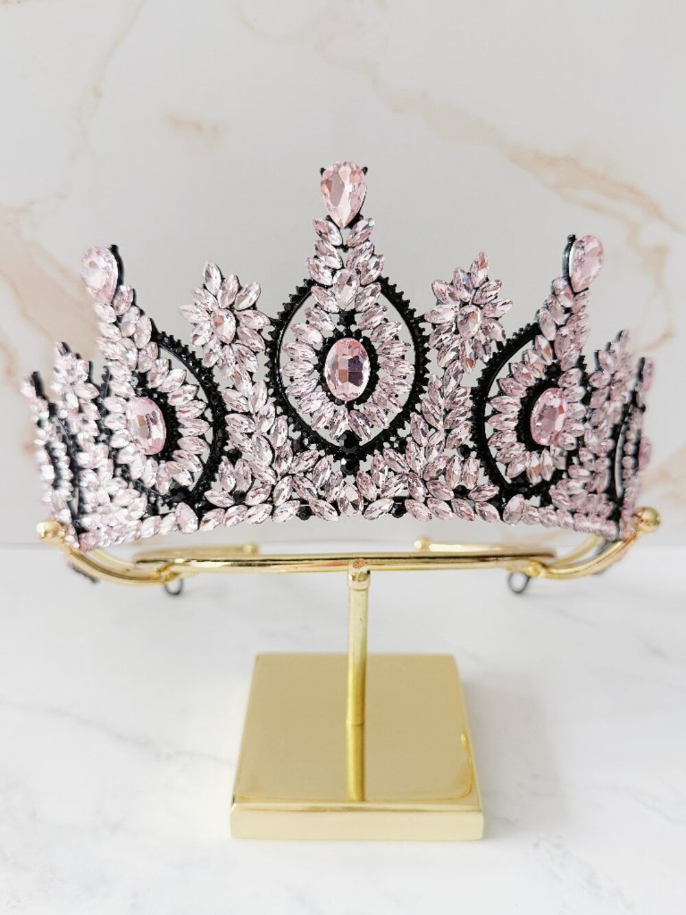 Pink Crystal Crown Black Rhinestone Tiara Pageant Prom Birthday Quinceanera